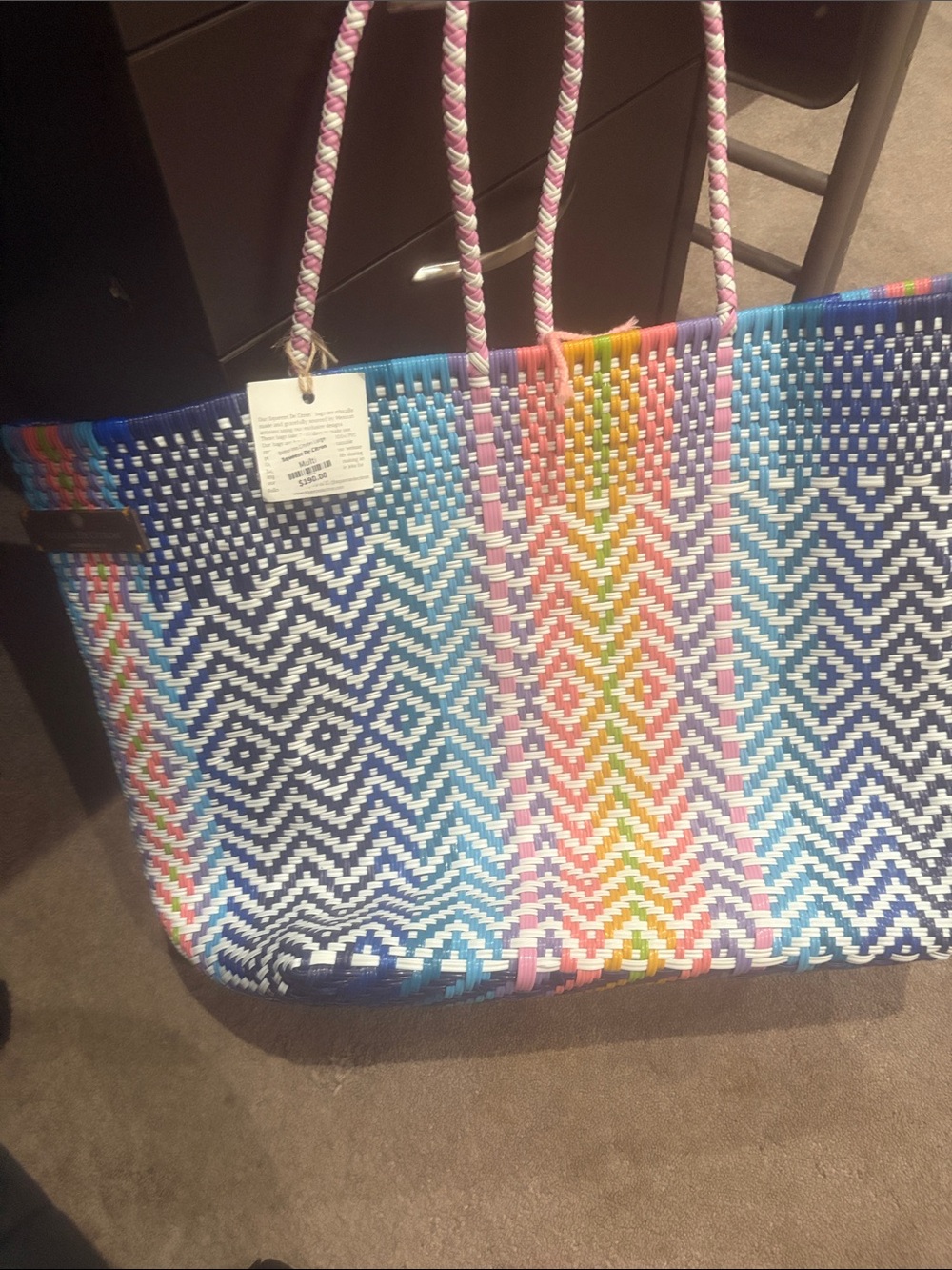 Multicolor Woven Tote Bag with Pink Rope Handles - Picture 2 of 2